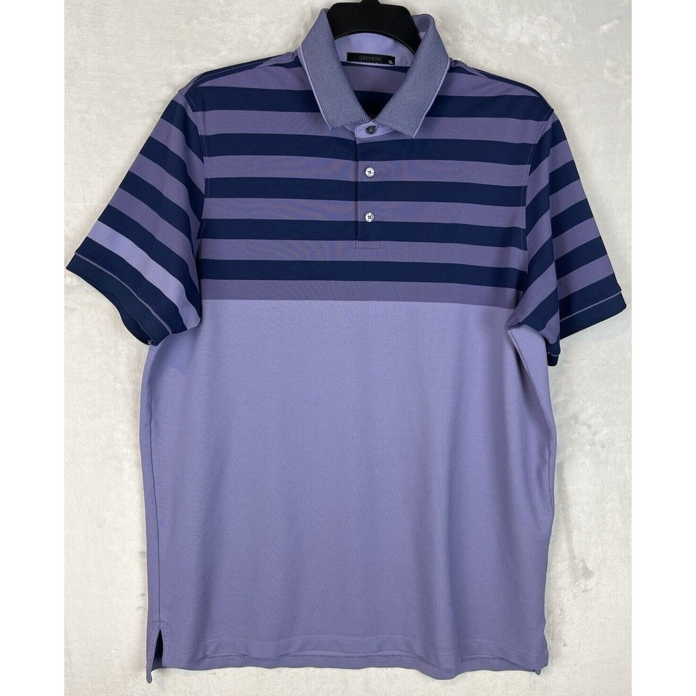 GREYSON Golf Polo Shirt Men XL Purple Stripe Short Sleeve Stretch Side Slit Peru